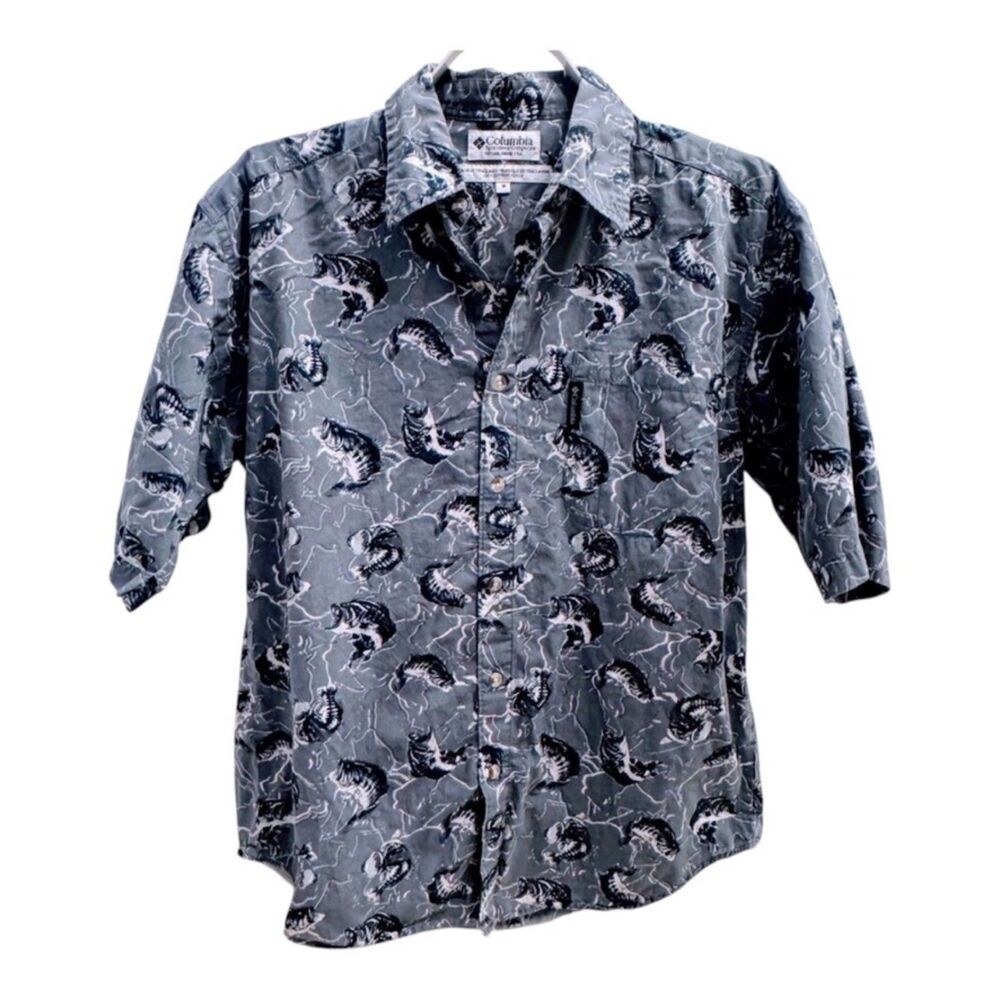 Columbia Mens PFG Fishing Shirt Bass Fish Print Gray Size M 100% Cotton